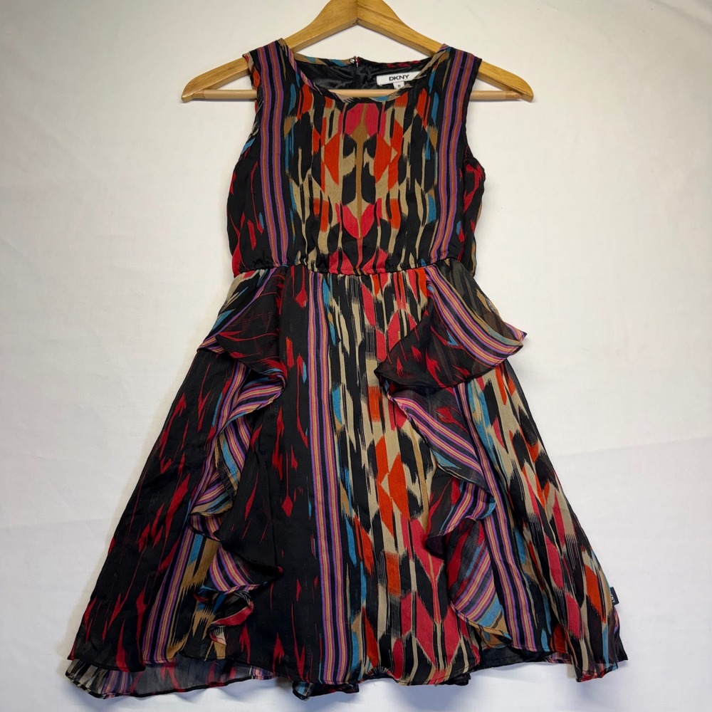 DKNY Abstract Ikat Ruffle Fit & Flare Sleeveless Dress Medium Boho Festival